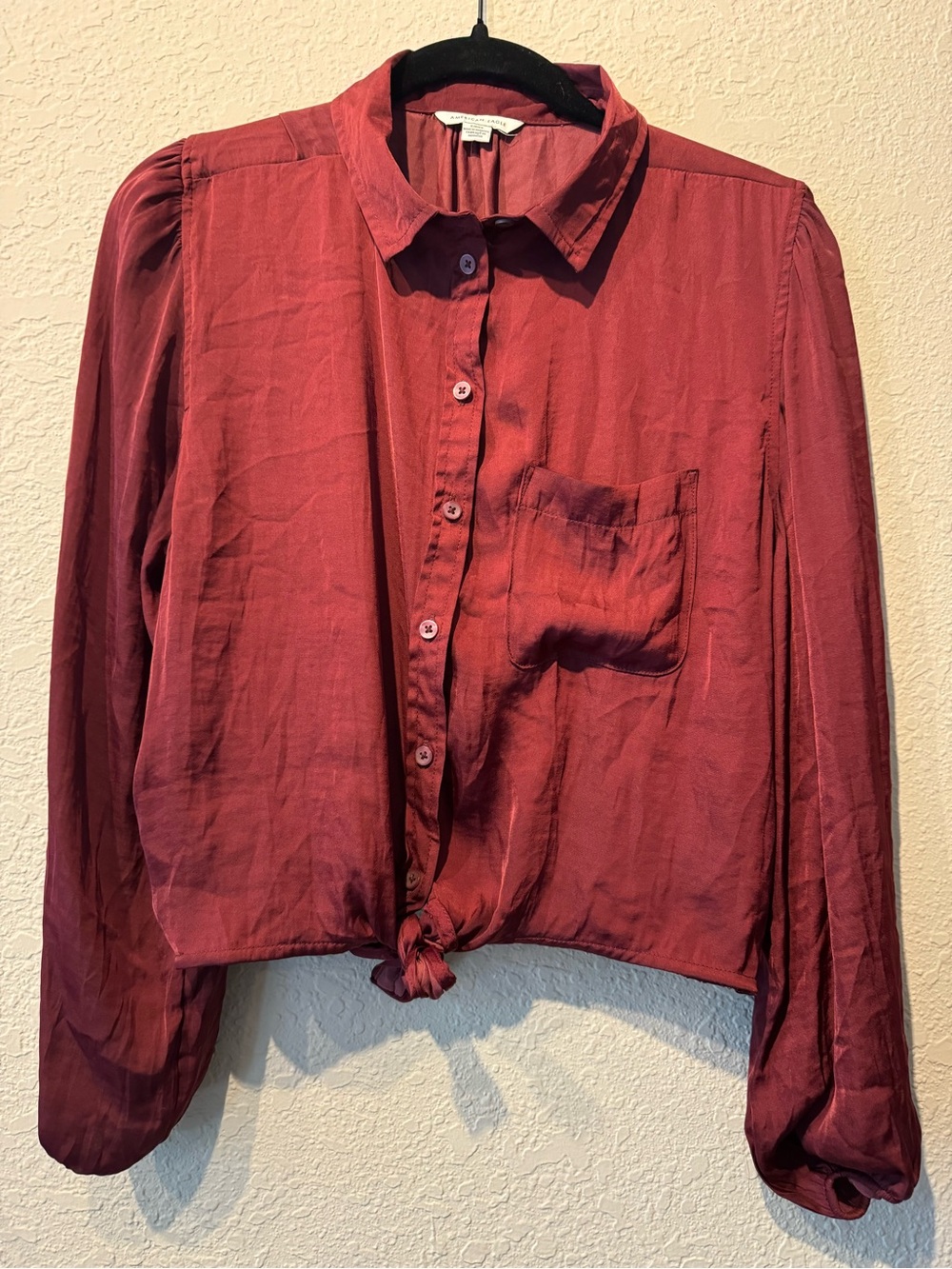American Eagle Outfitters Burgundy Button-Up Tie-Hem Blouse